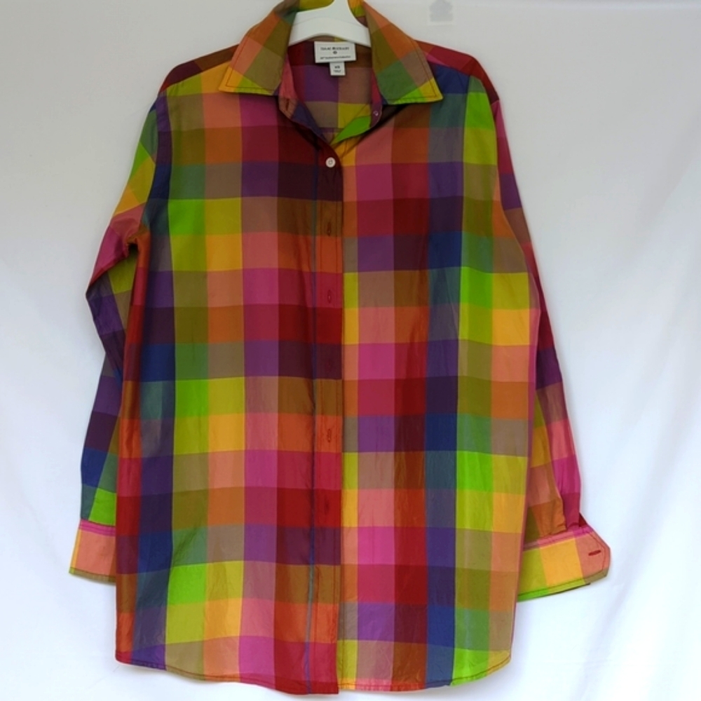 Isaac Mizrahi | Silk Blouse Rainbow Plaid Button Down Women’s Top (For Target) - Picture 3 of 8